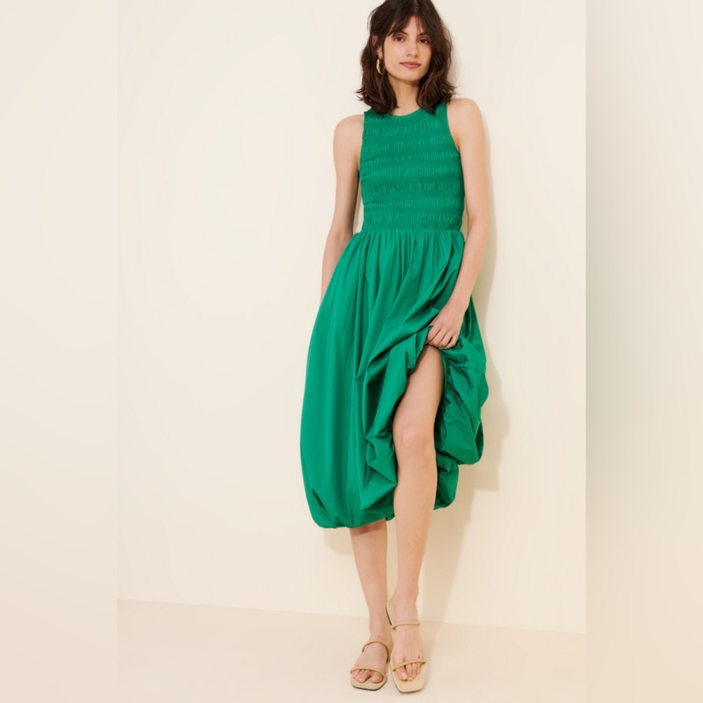 Madewell Melody Bubble-Hem Smocked Midi Dress in Poplin Verdant Green NEW Size L